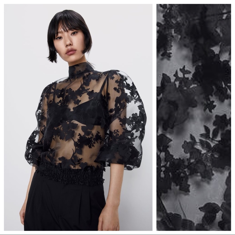 NWT. Zara Black Embroidered Organza Top. Size S.